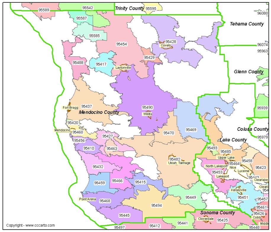 Mendocino Zip Codes - Mendocino County Zip Code Boundary Map