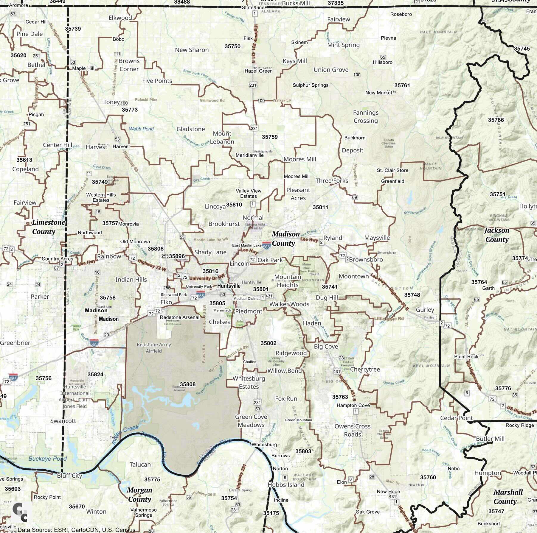Huntsville, AL Zip Code Map
