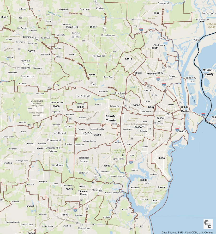 Mobile, AL Zip Code Map