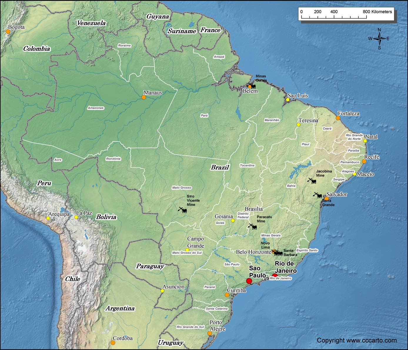 Brazil gold mines map showing major mining areas