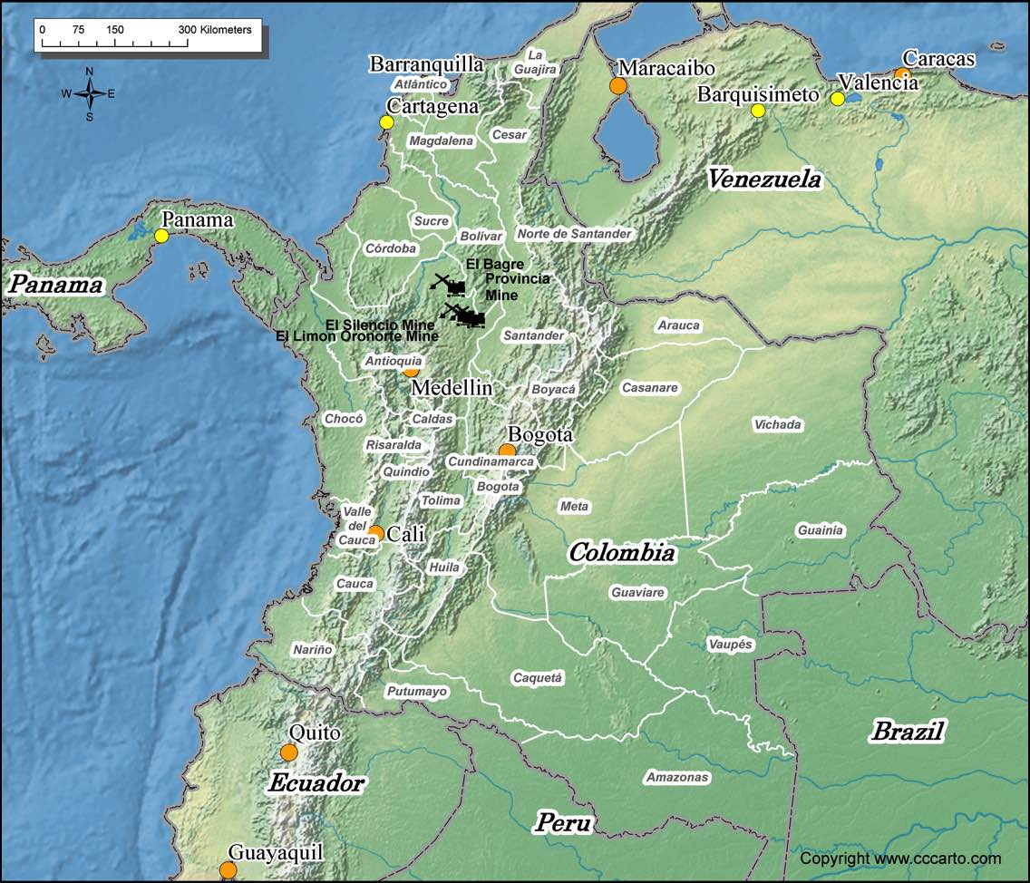 Colombia gold mines map showing major mining areas