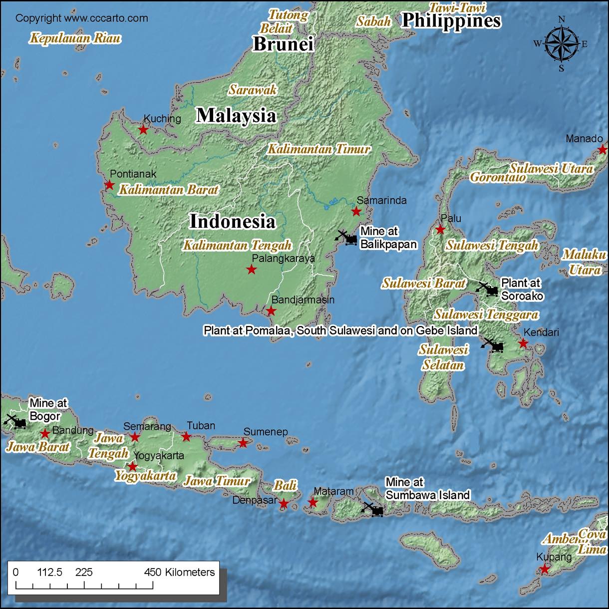 Indonesia gold mines map showing major mining areas