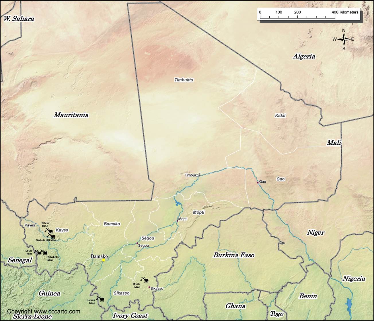 Mali gold mines map showing major mining areas