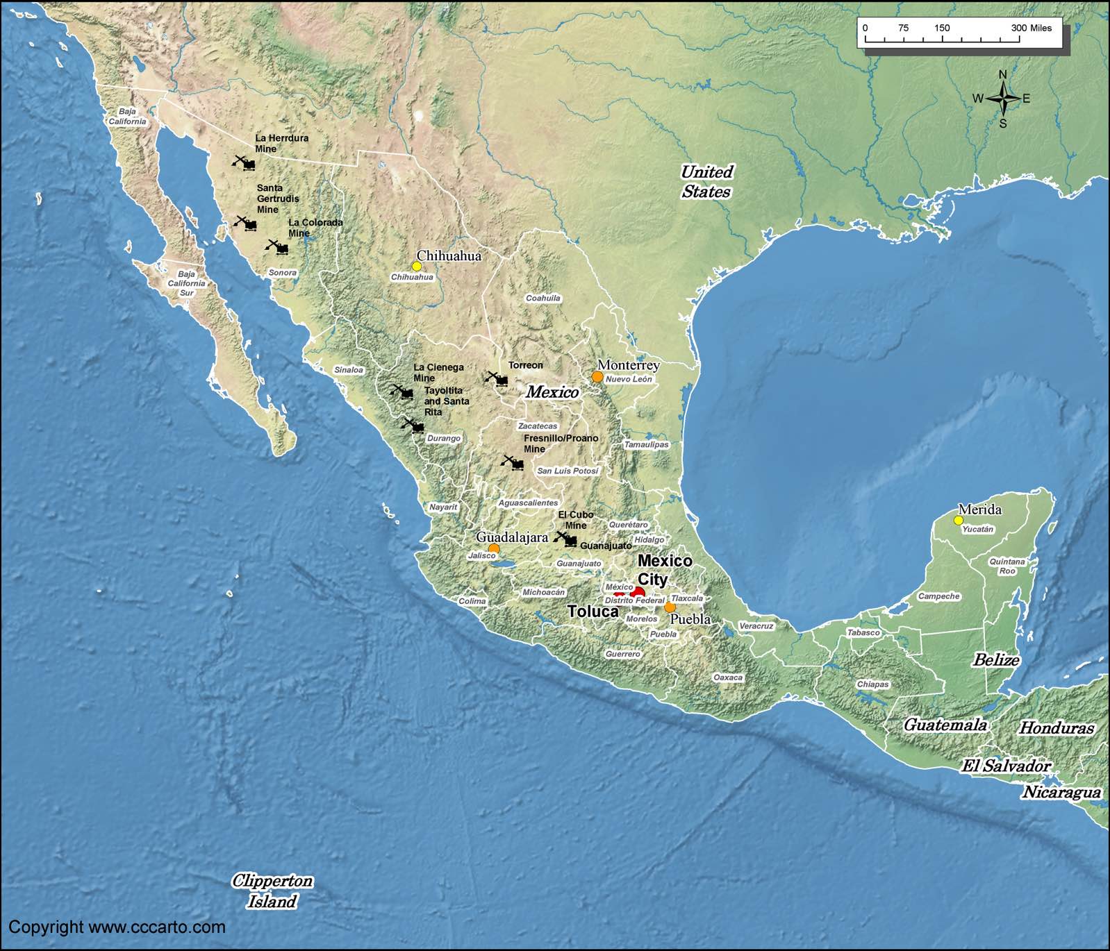 Mexico gold mines map showing major mining areas