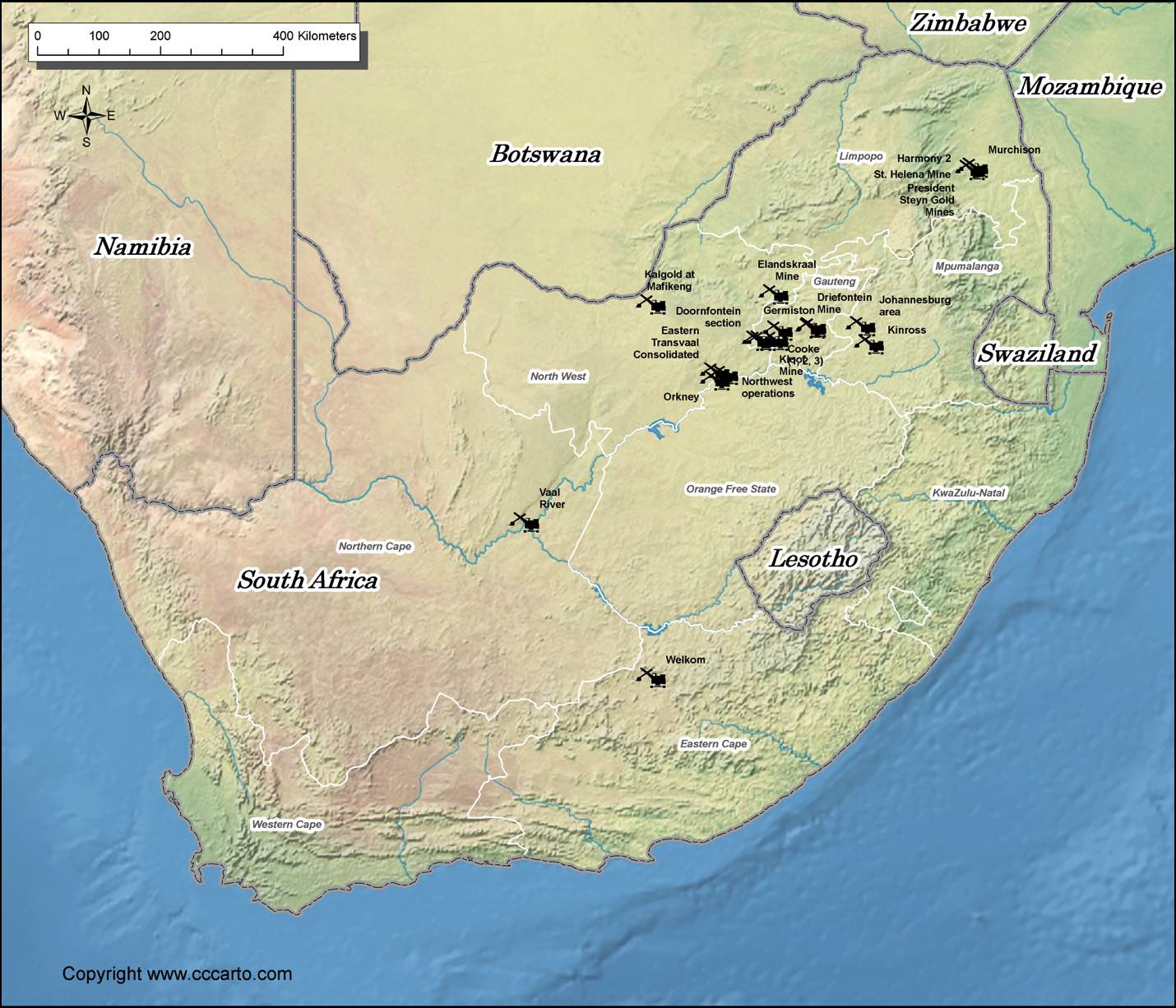 South Africa gold mines map showing major mining areas