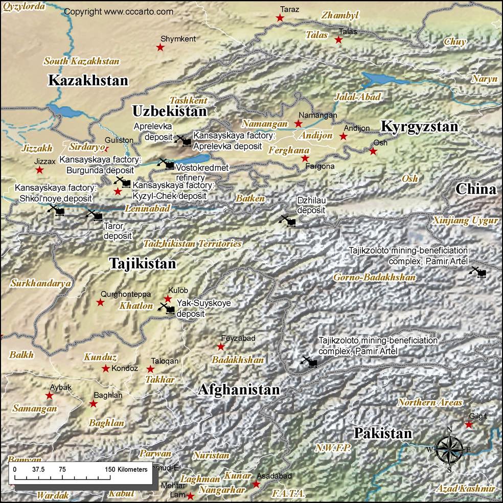 Tajikistan gold mines map showing major mining areas