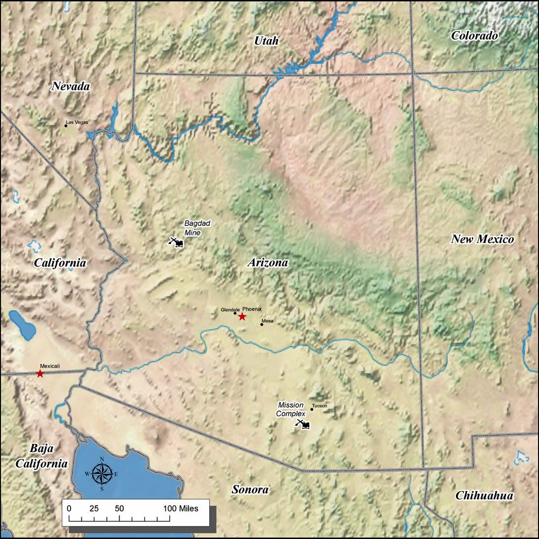 Arizona gold mines map showing major mining areas