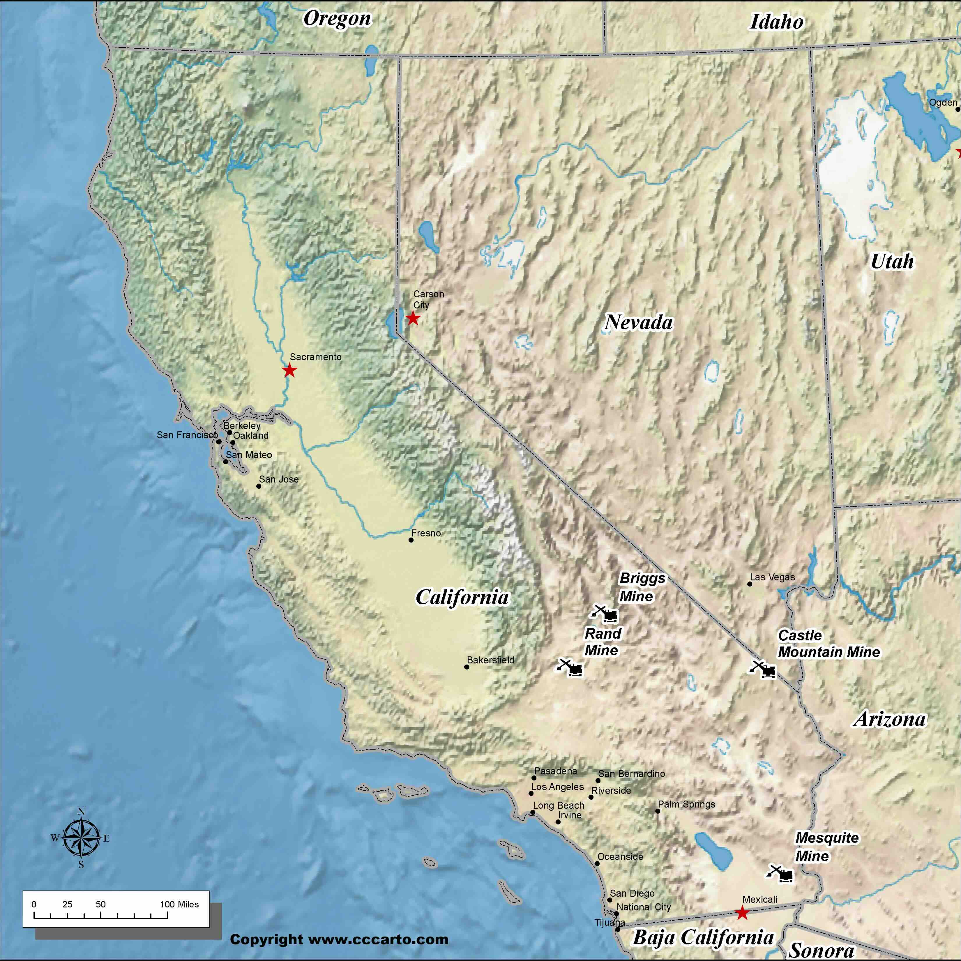 California gold mines map showing major mining areas