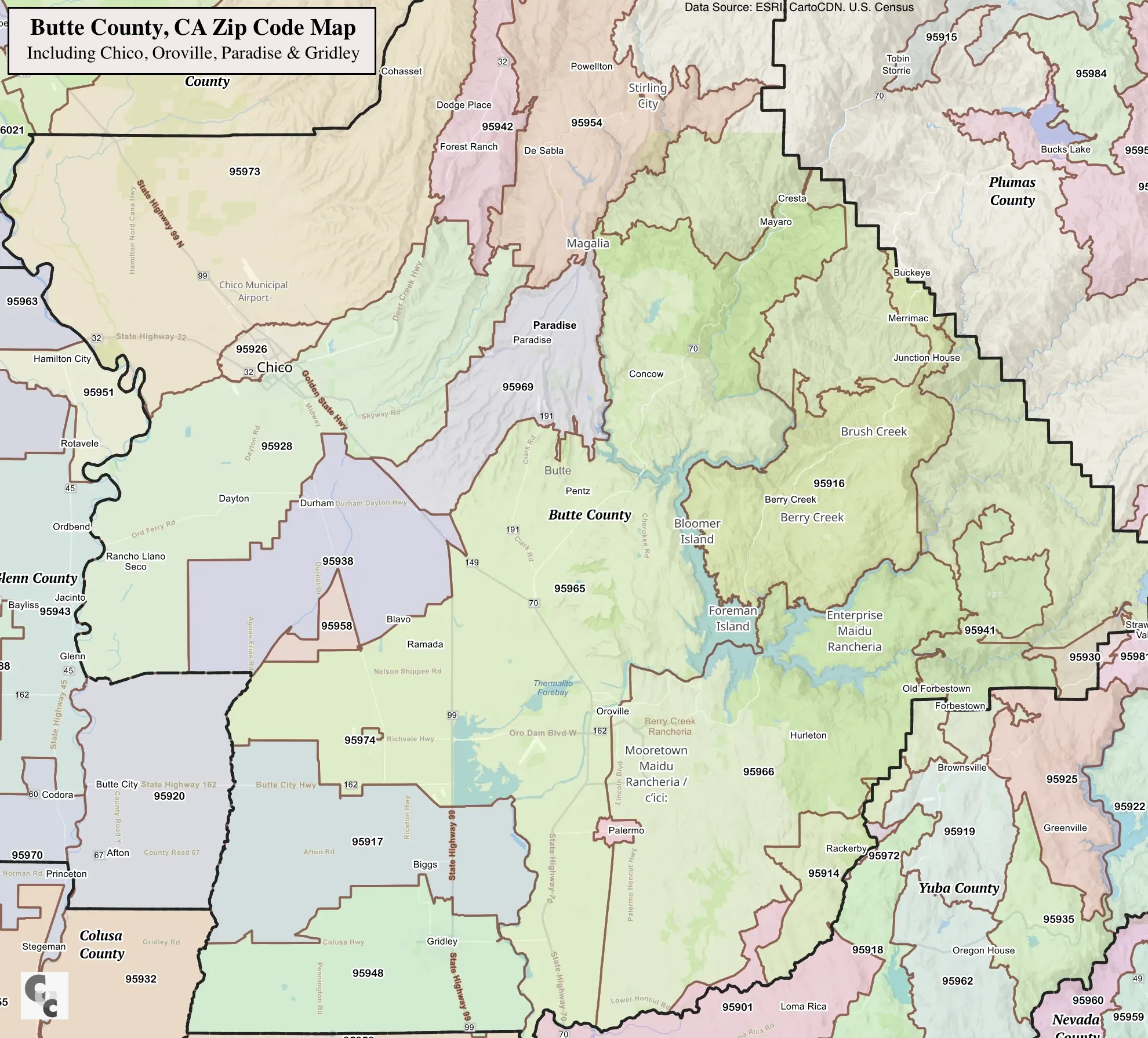 Butte County Zip Code Map