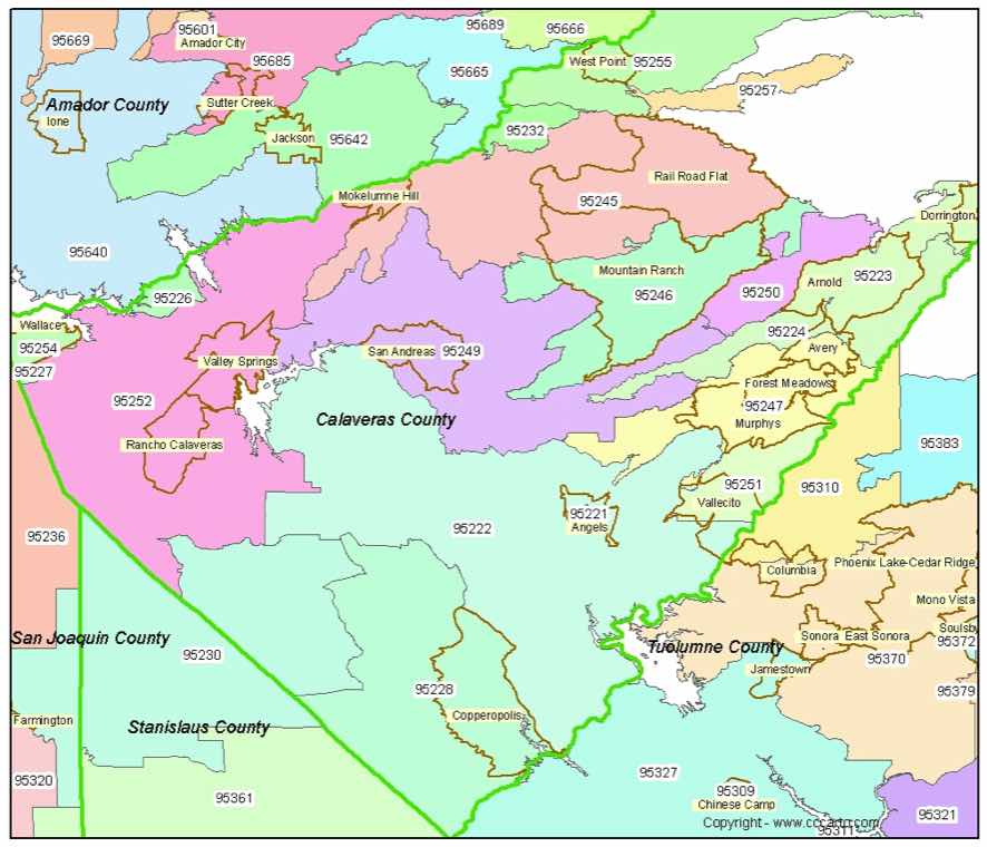 Calaveras County Zip Code Map