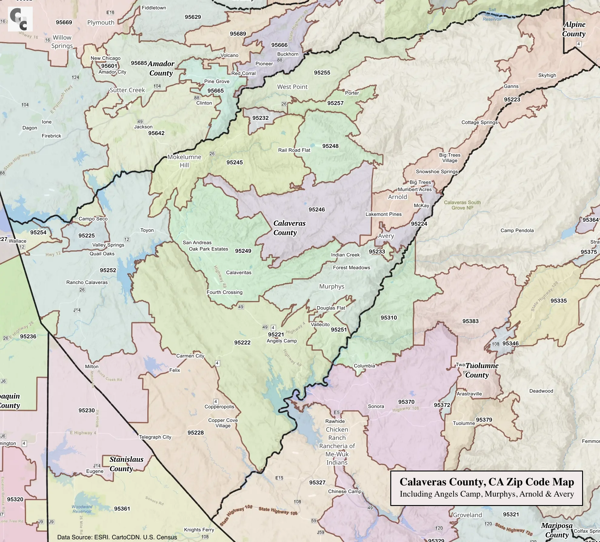 Calaveras County Zip Code Map