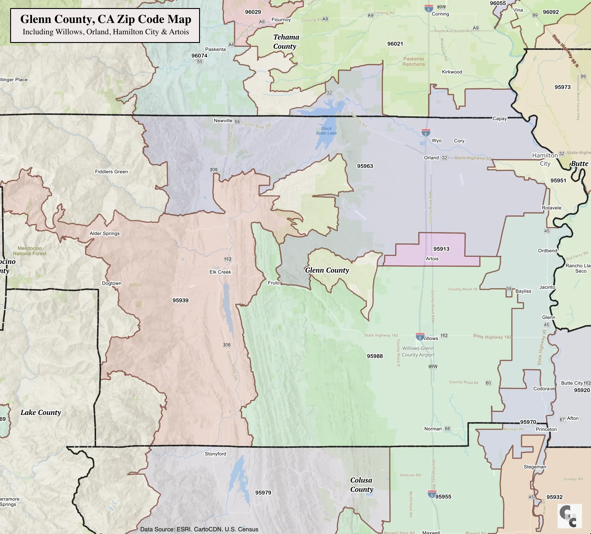 Glenn County Zip Code Map