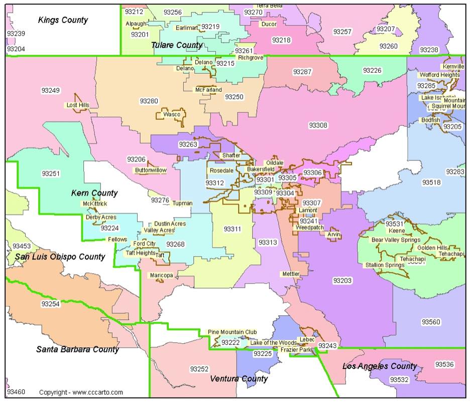 Bakersfield Ca Zip Codes Kern County Zip Code Boundary Map