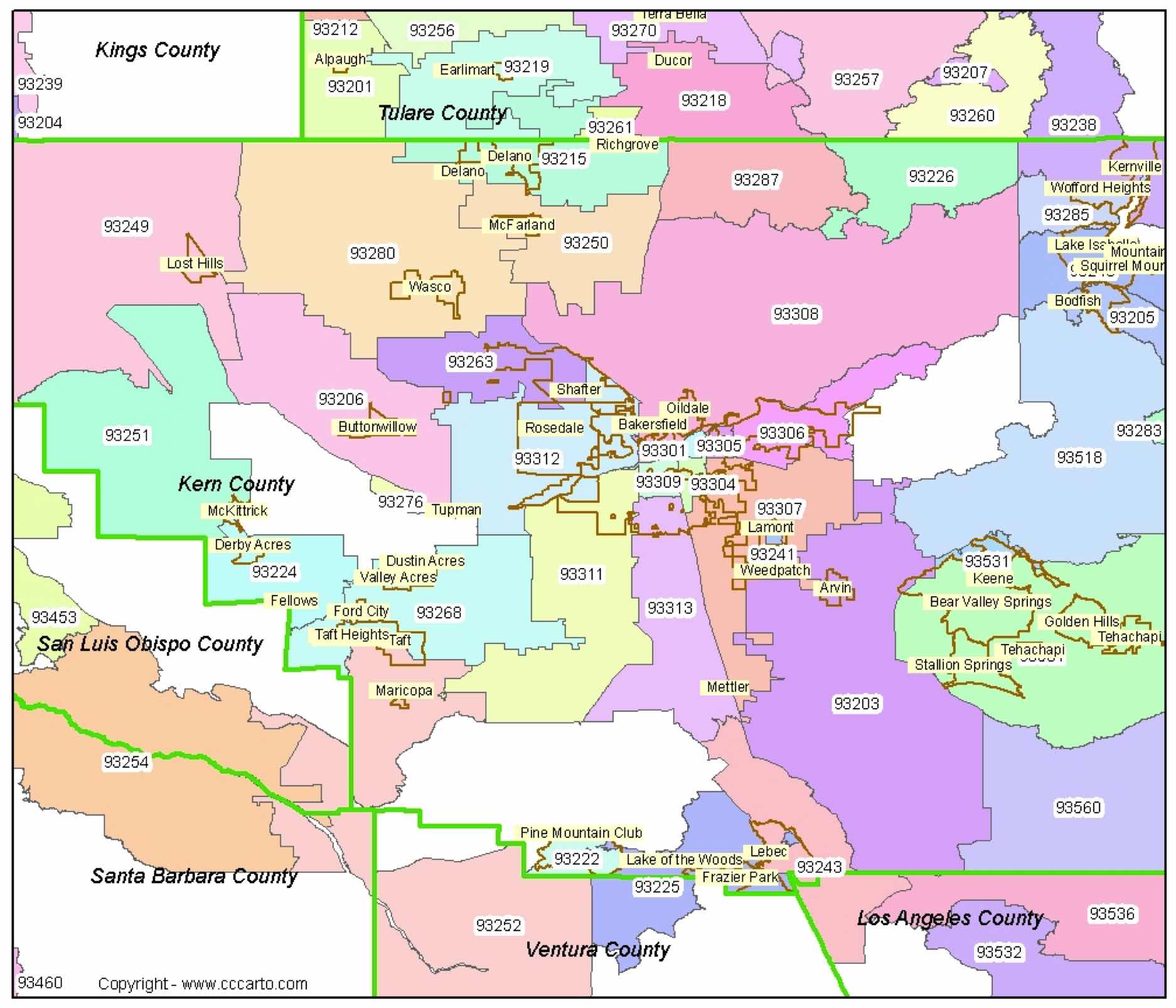 Bakersfield Zip Codes Map Kern County Zip Code Boundary Map