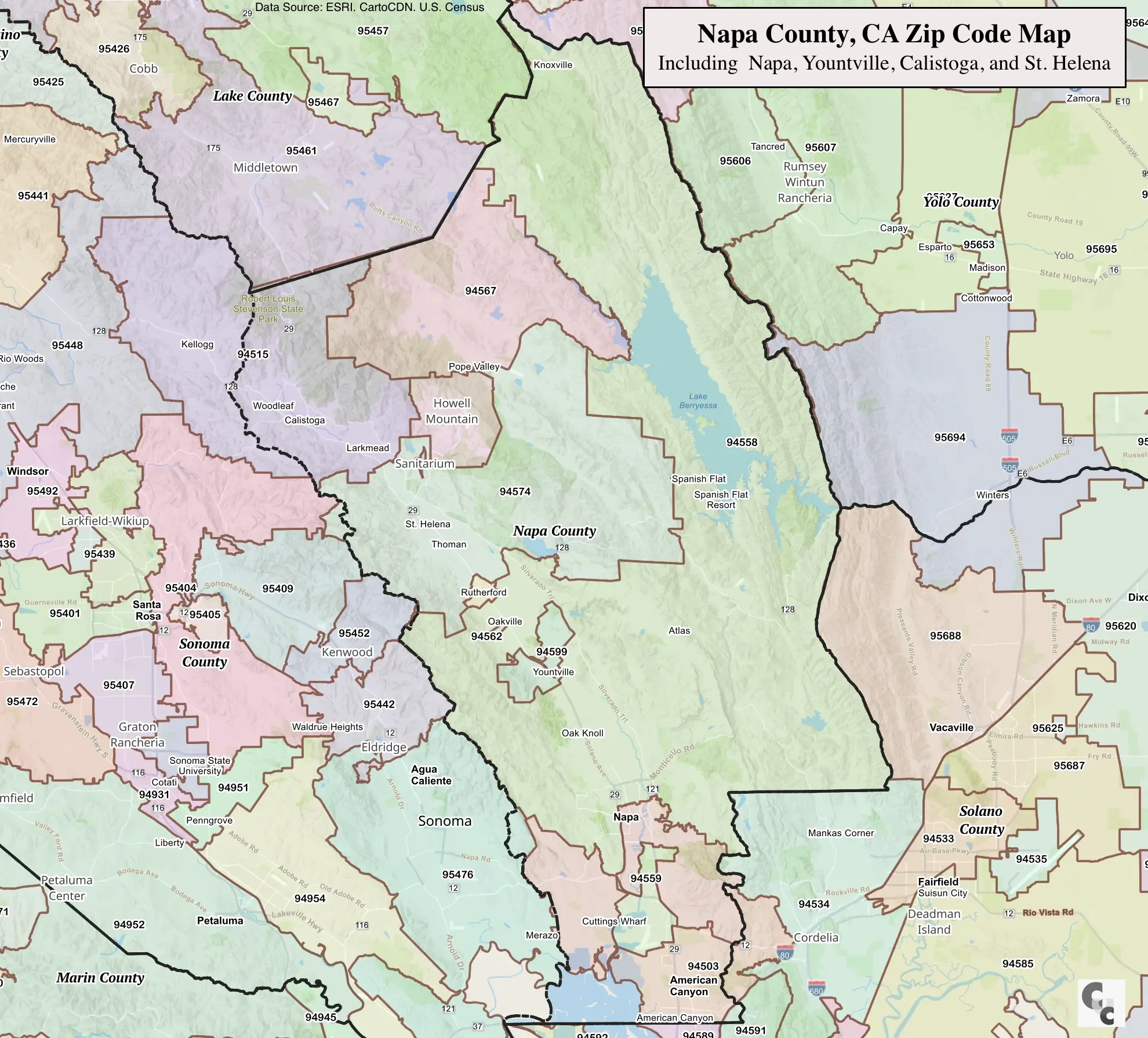 Napa County Zip Code Map
