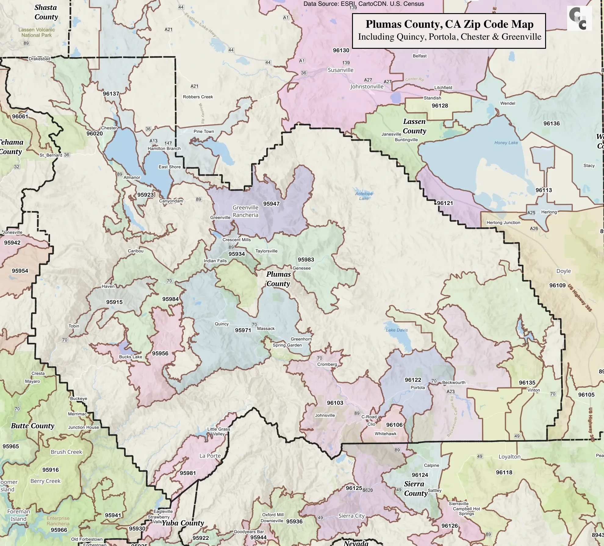 Plumas County Zip Code Map