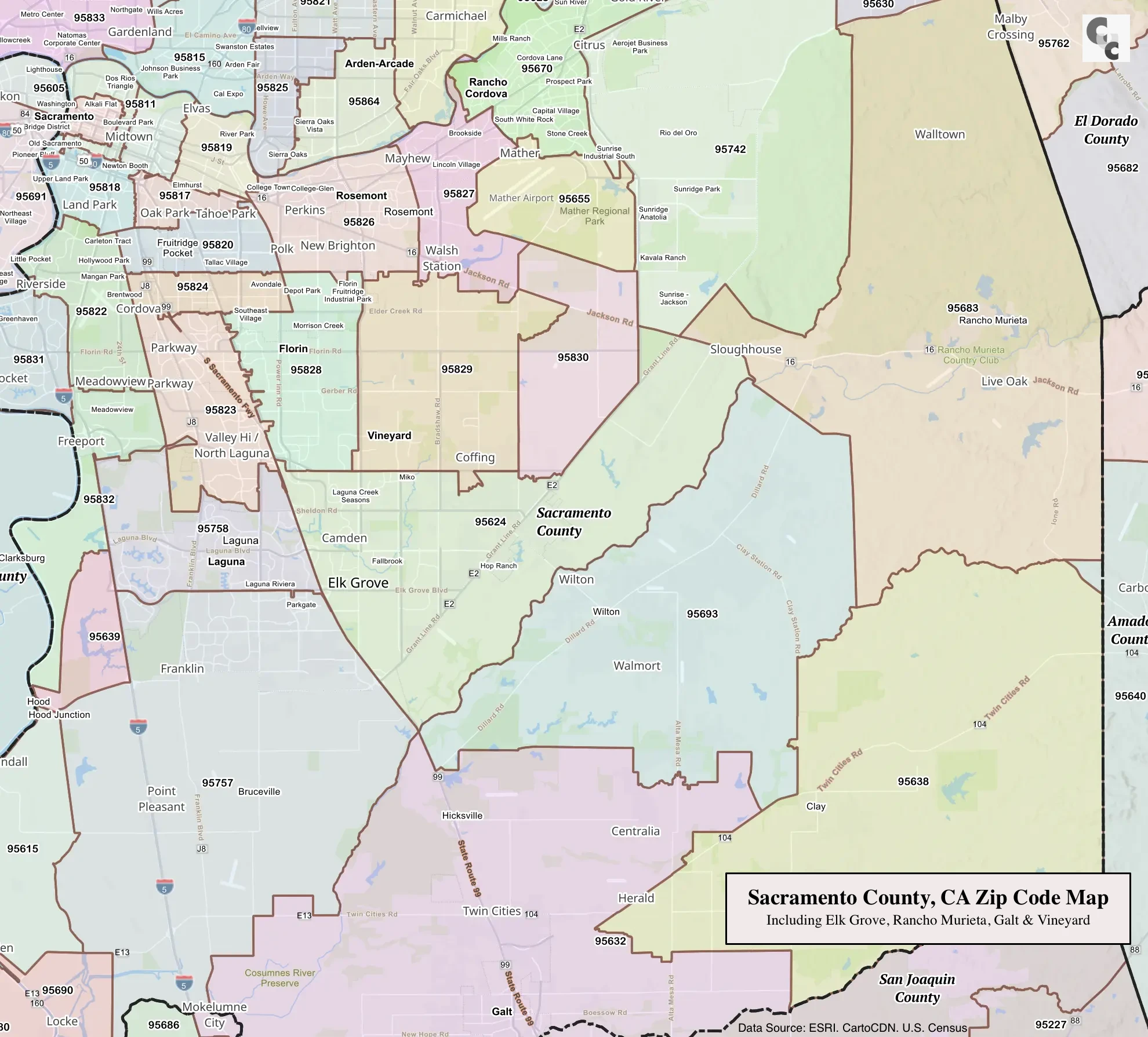 East Sacramento County Zip Code Map