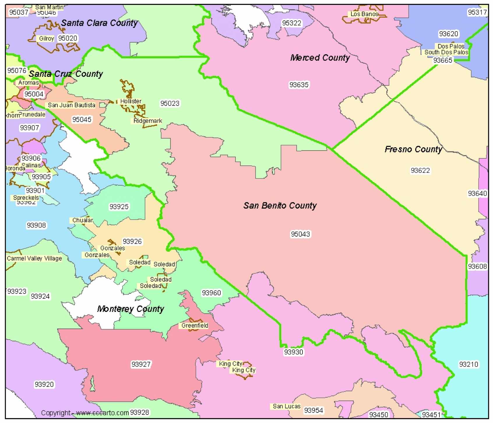 San Benito Co Zip Codes Hollister, CA Zip Code Boundary Map