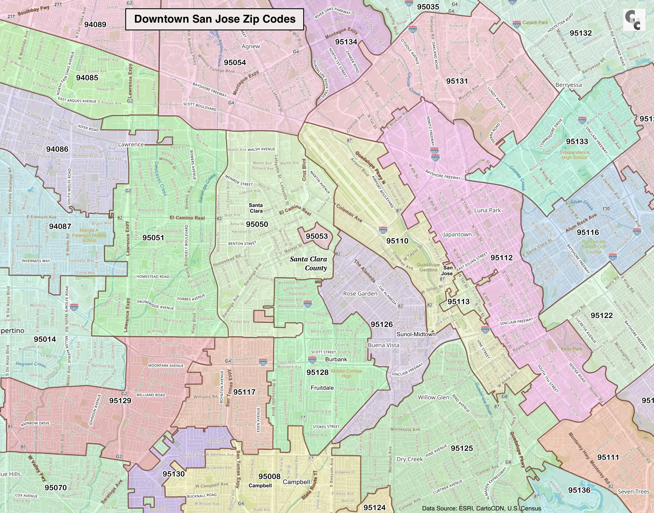 Downtown San Jose CA Zip Code Map
