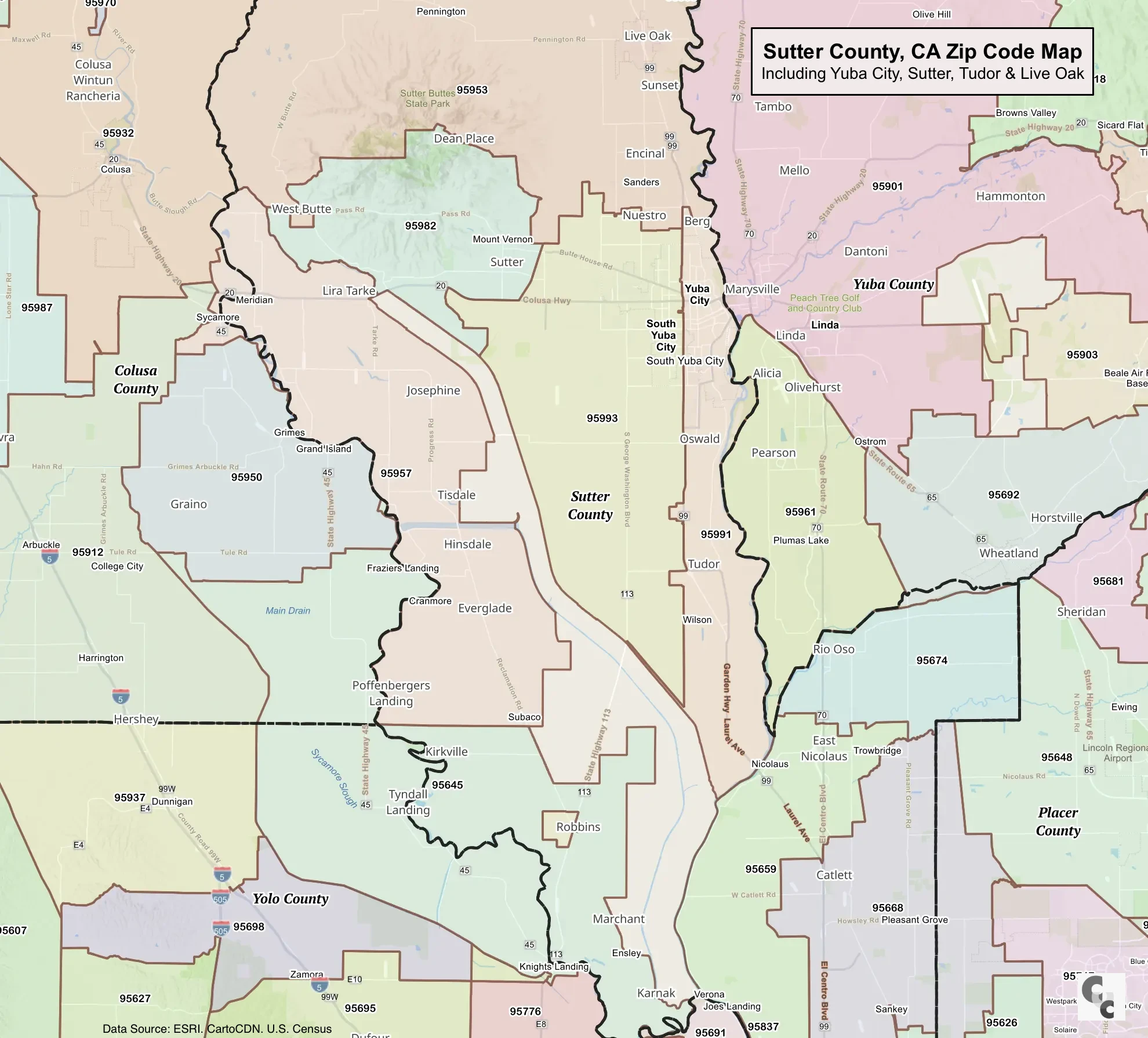 sutter County Zip Code Map