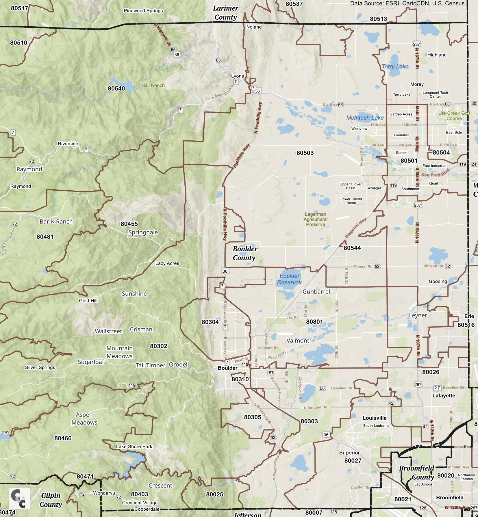 Boulder, CO Zip Code Map