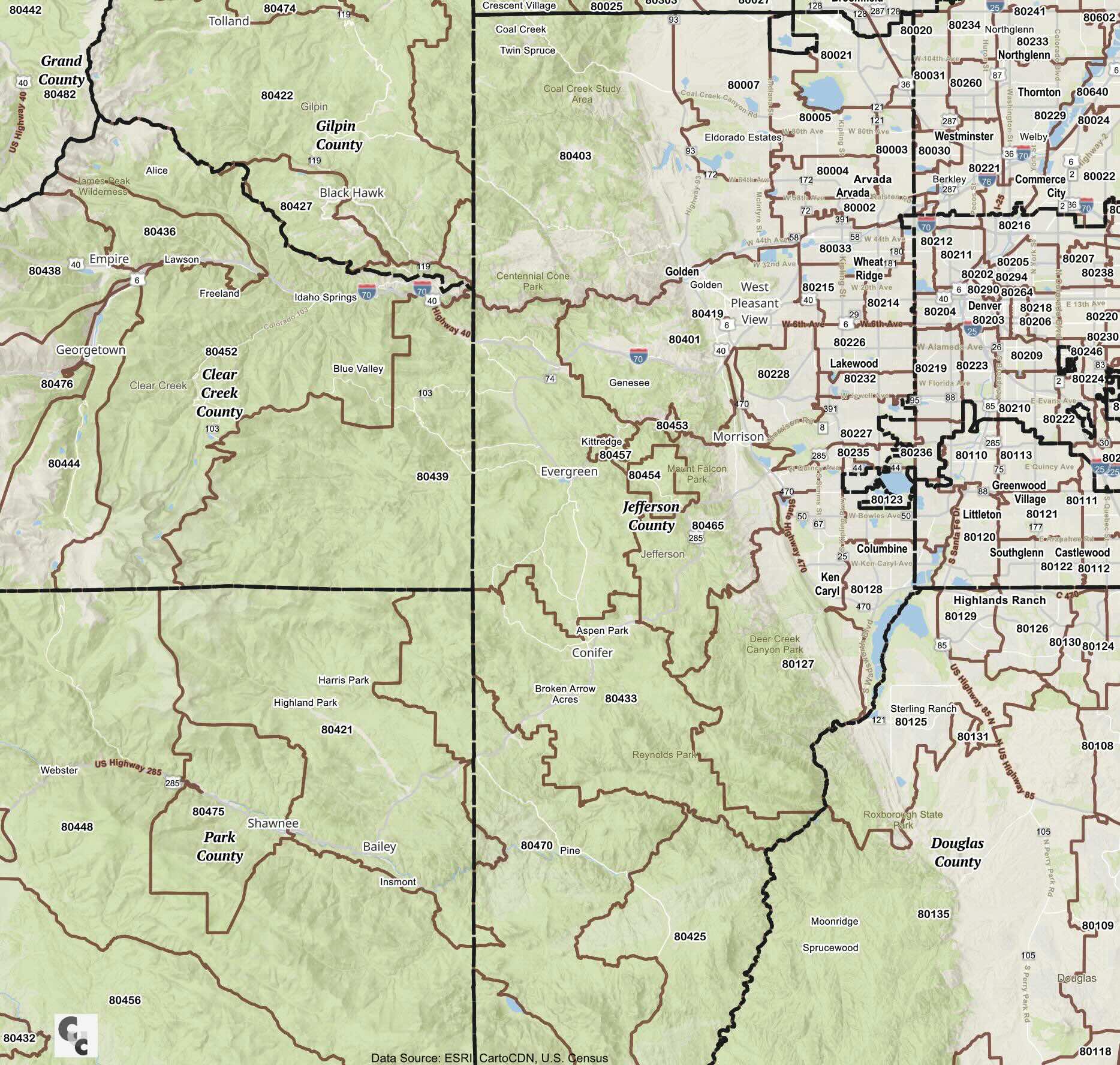 junページ② Jefferson County, CO Zip Map | Lakewood, Arvada, Golden, Ken Caryl