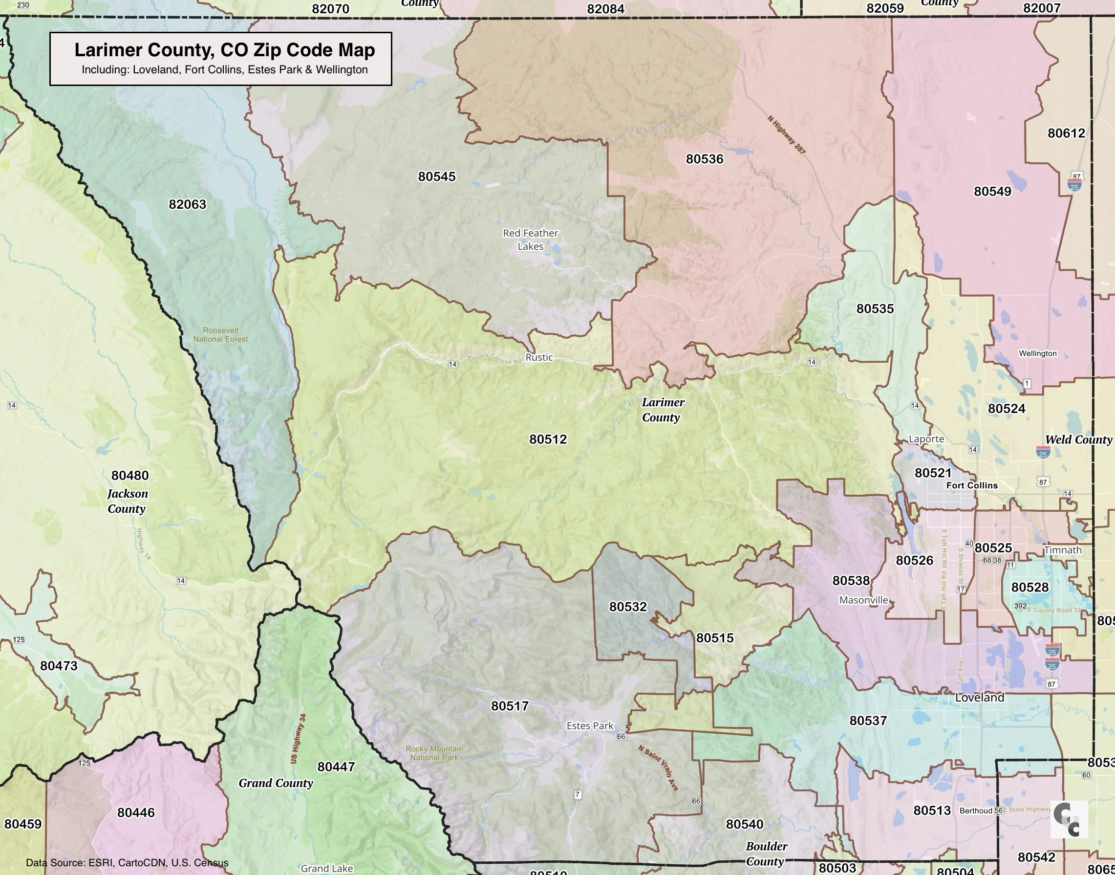 Fort Collins, CO Zip Code Map