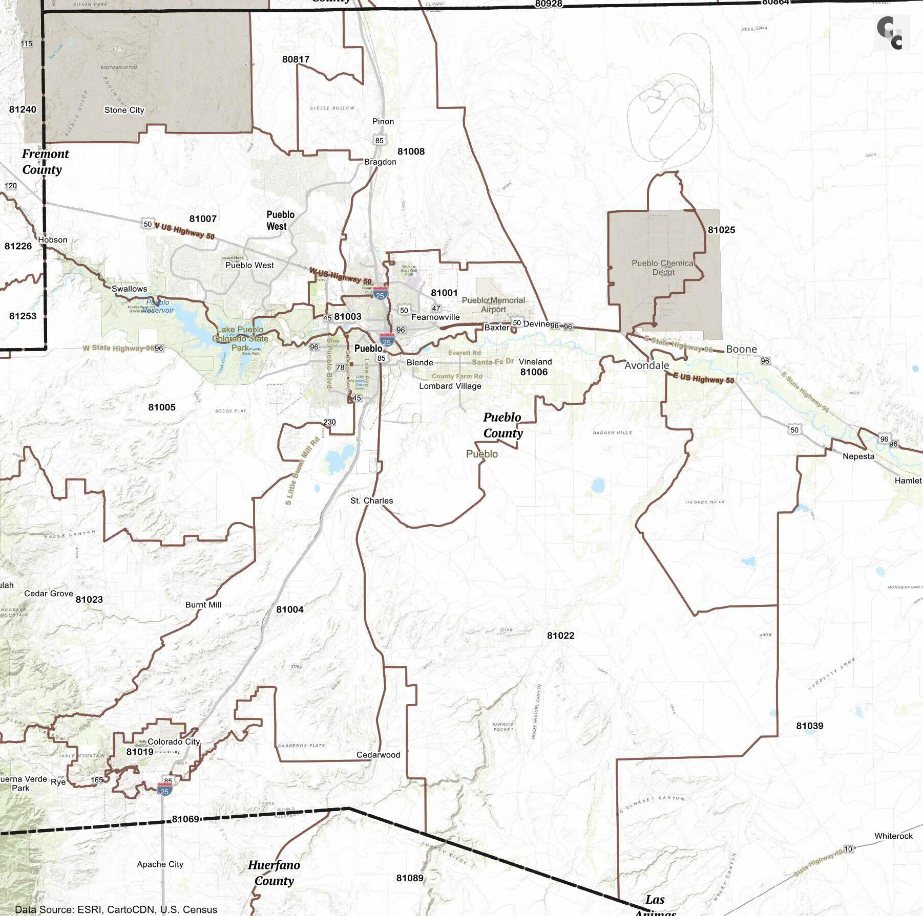 Pueblo, CO Zip Code Map