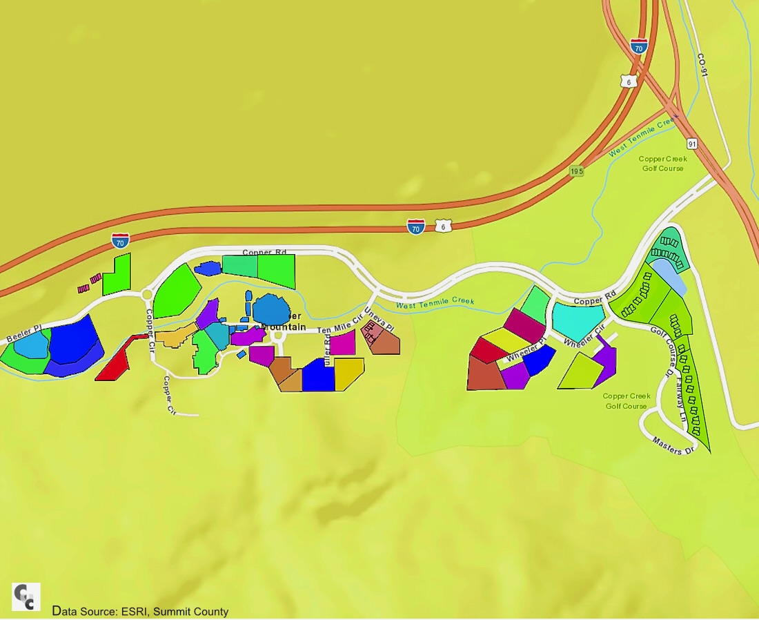 Copper Mountain Condominiums Map showing condo locations in Center Village, East Village, and West Village