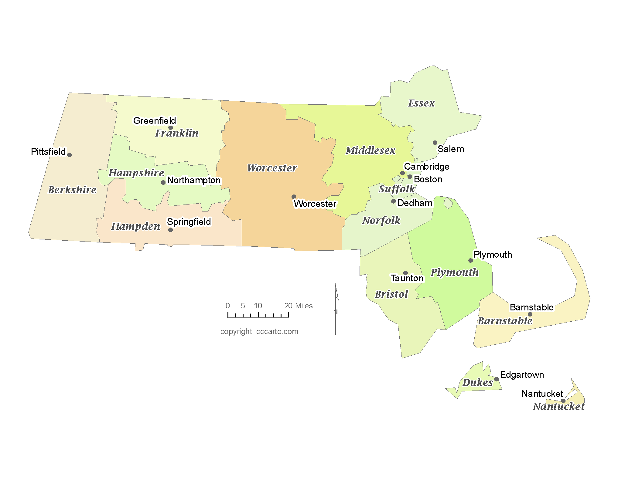 State Of Massachusetts County Map With The County Seats Cccarto