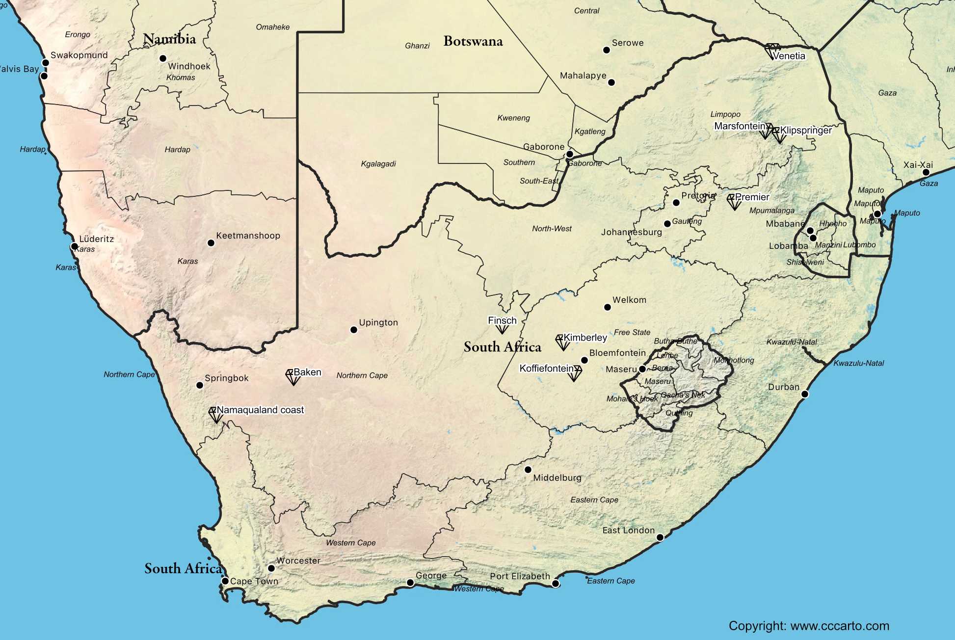 South Africa diamond mines map showing major mining areas (Kimberley pipes, Cullinan, Jagersfontein/Koffiefontein, Finsch, Venetia, Orange & Vaal alluvials, Namaqualand coast)