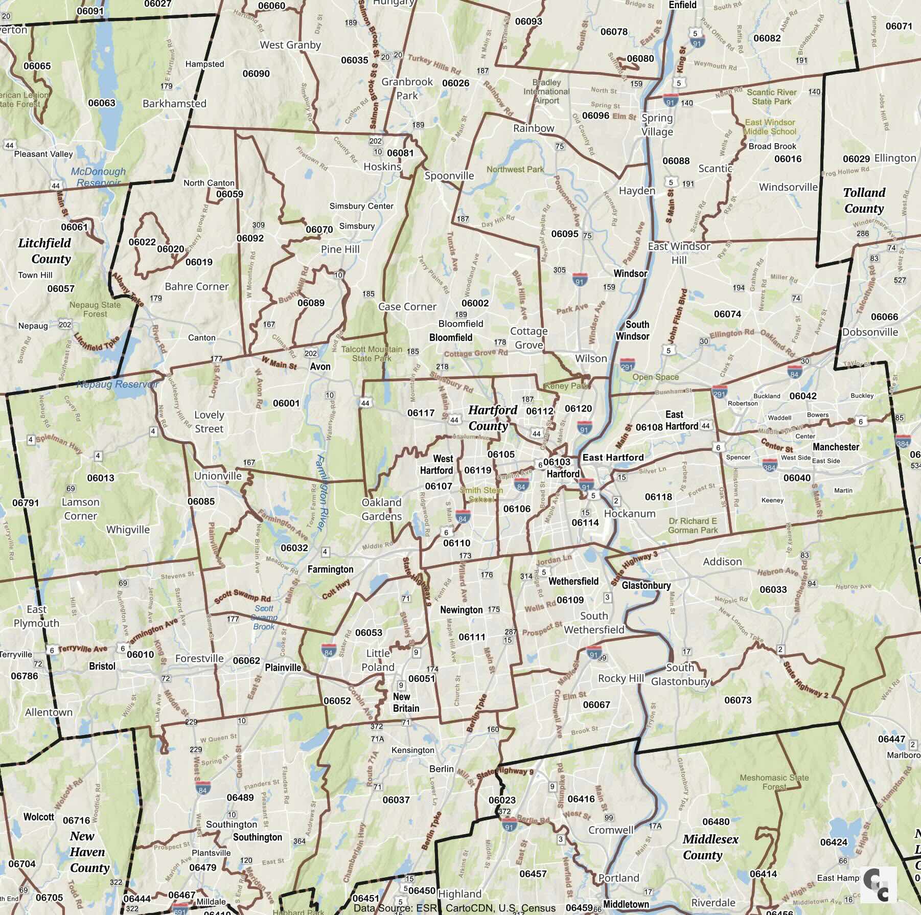 Hartford, CT Zip Code Map