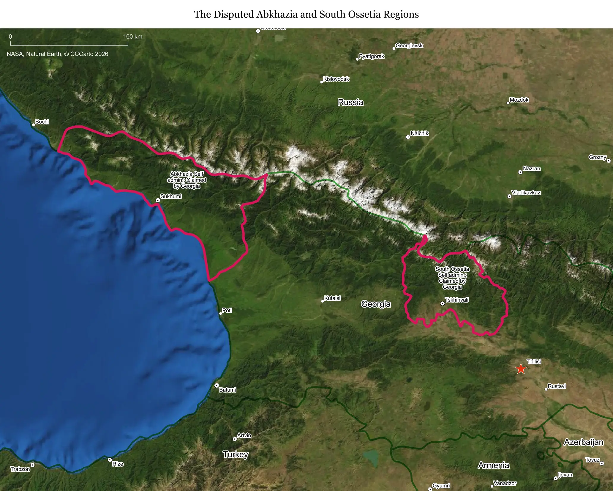 Map of Abkhazia and South Ossetia, breakaway regions of Georgia