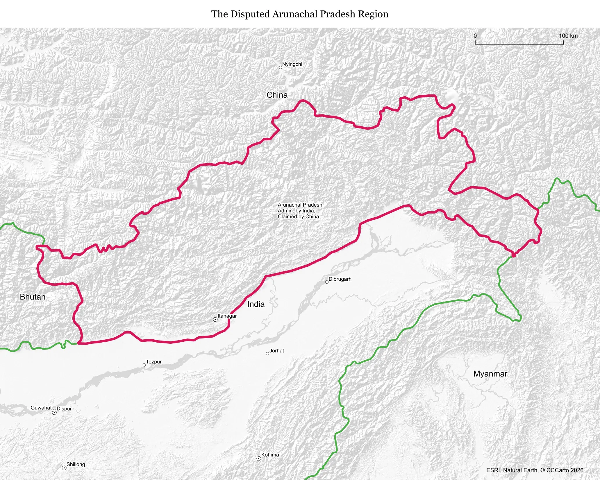 Map of Arunachal Pradesh, the Indian state claimed by China