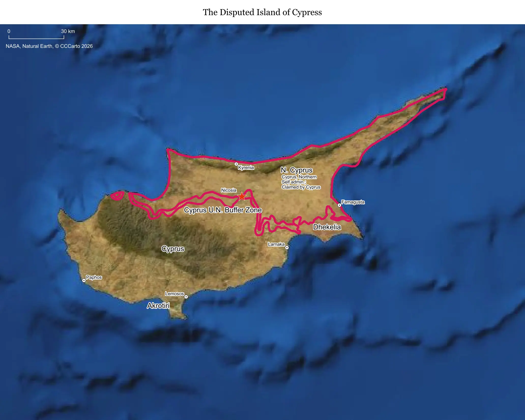 Map of Cyprus showing the Green Line dividing the Republic of Cyprus and Northern Cyprus