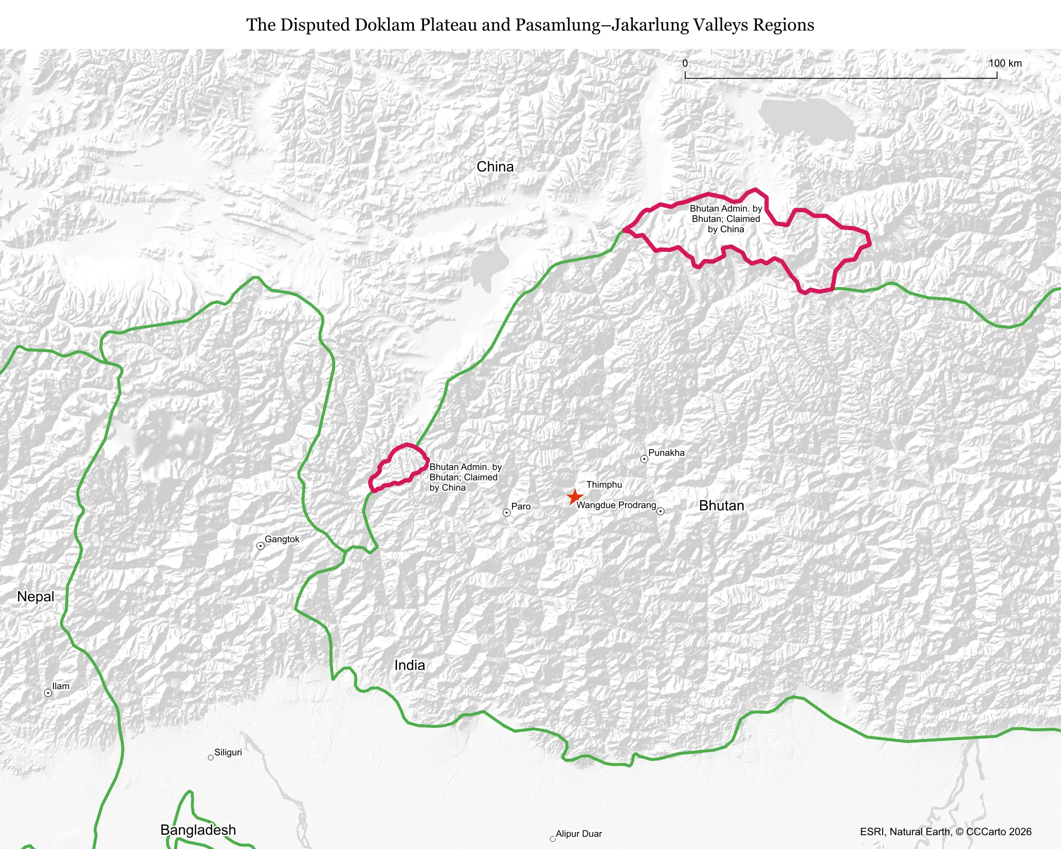 Map of the Doklam, Pasamlung and Jakarlung areas disputed between China and Bhutan