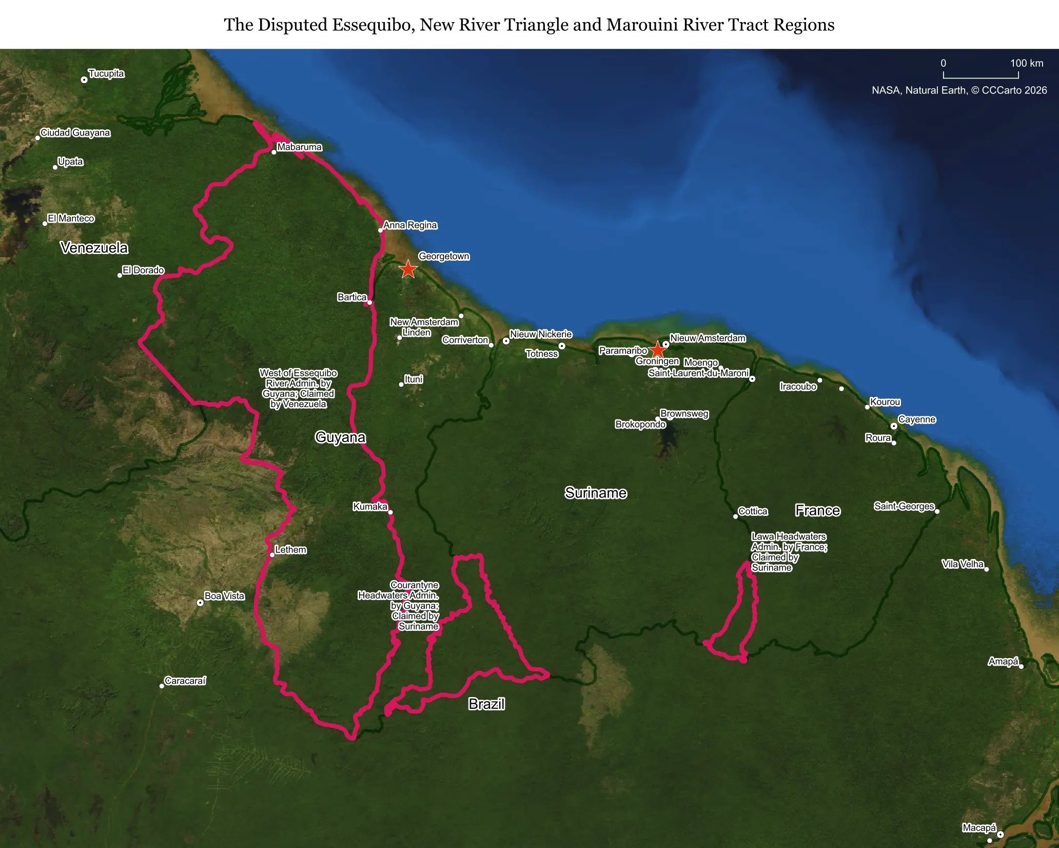 Map of the Essequibo region and New River Triangle disputed between Venezuela and Guyana