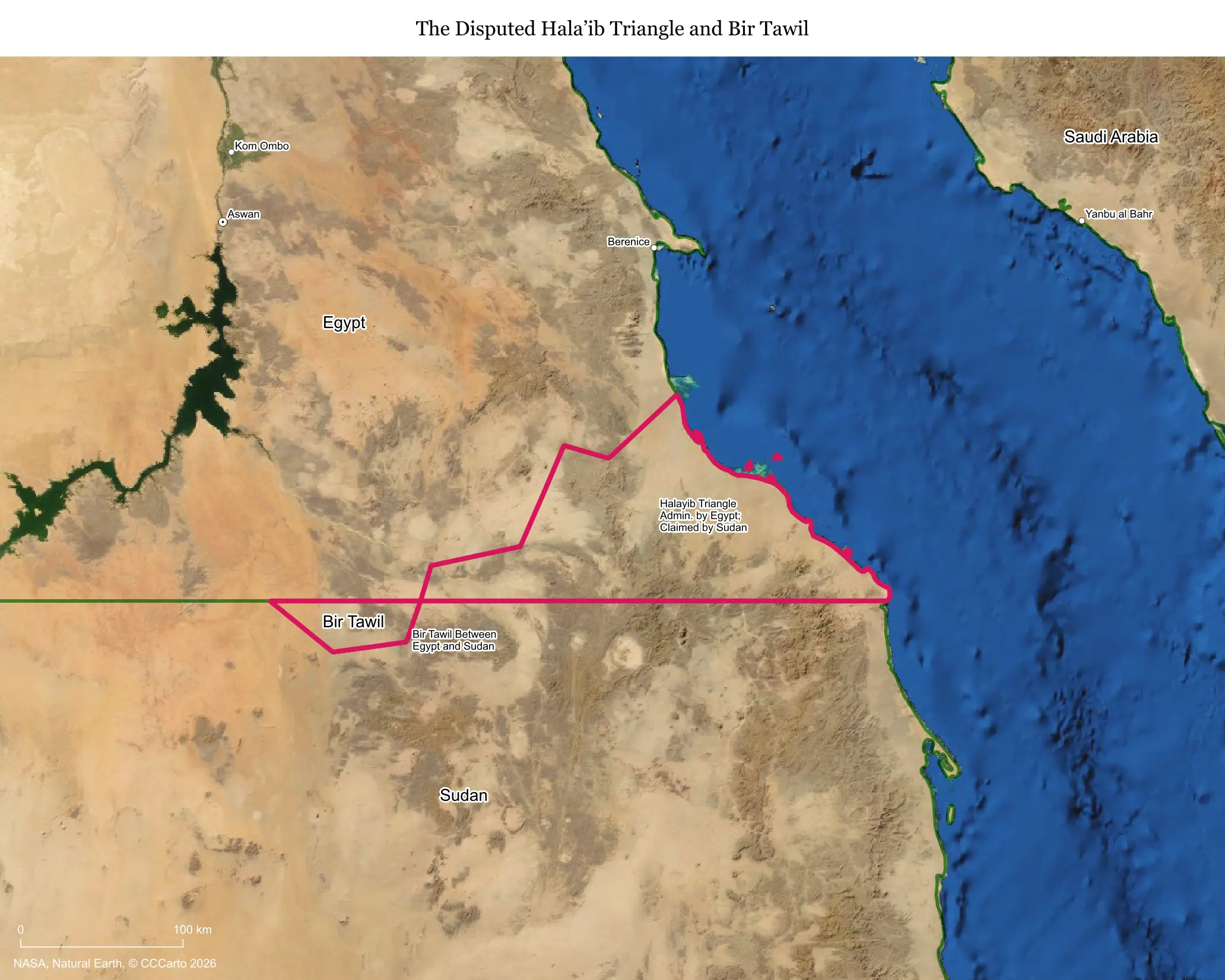 Map of the Halayeb Triangle on the Red Sea coast, disputed between Egypt and Sudan
