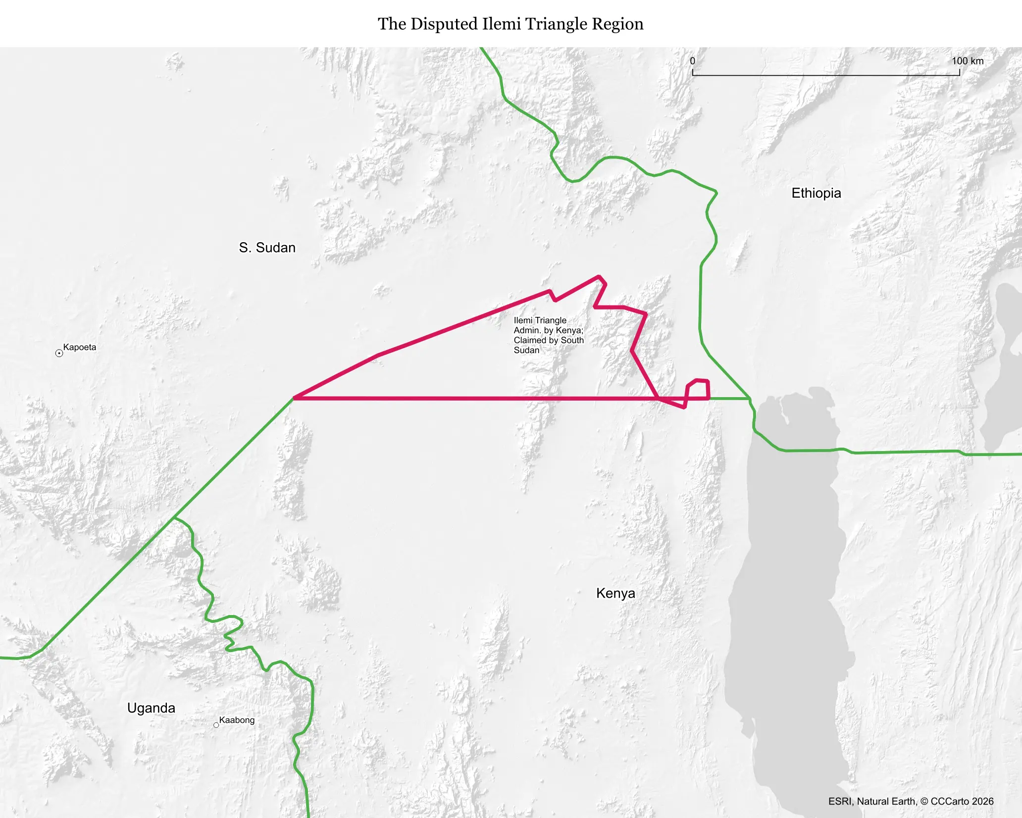 Map of the Ilemi Triangle, disputed among Kenya, South Sudan, and Ethiopia