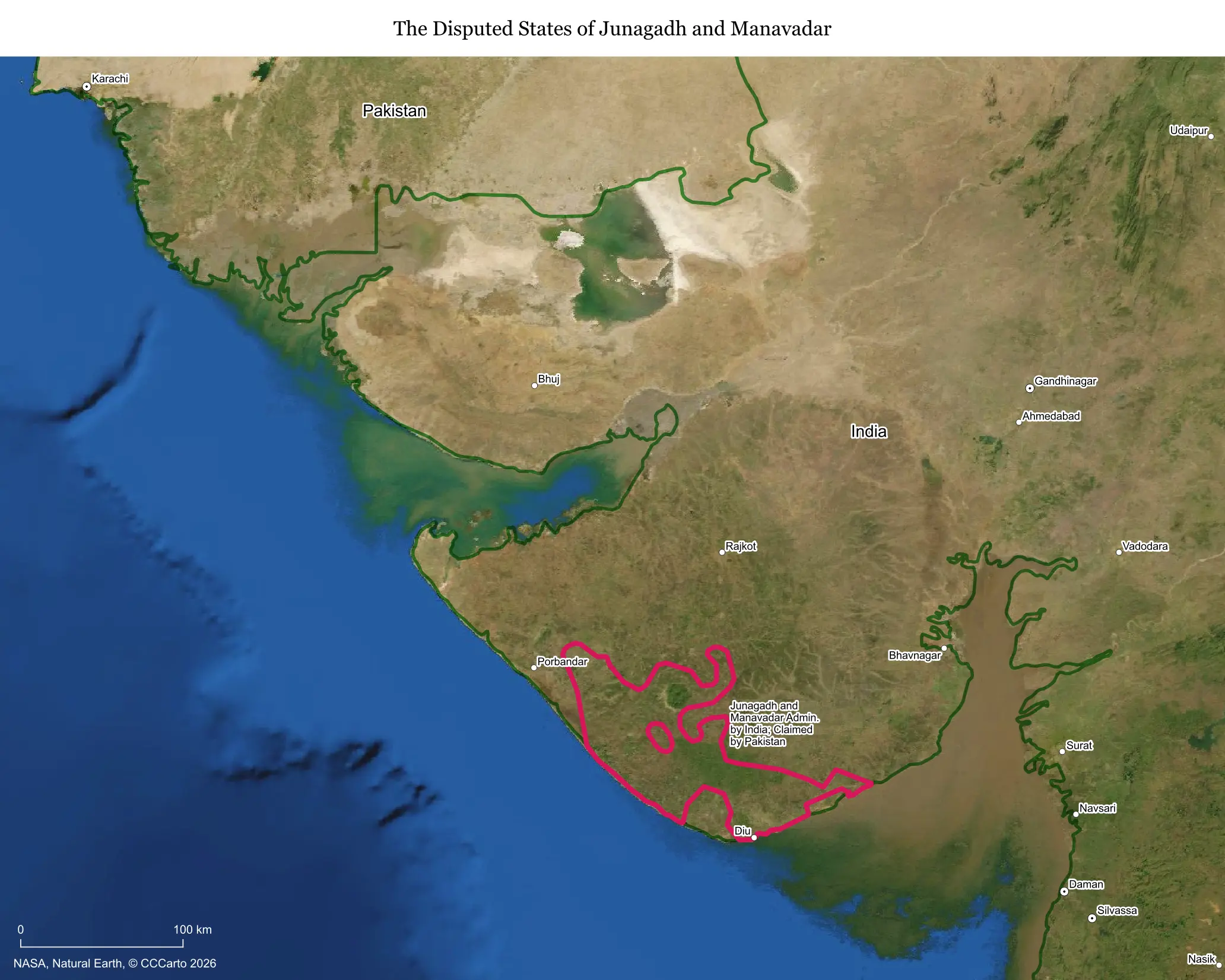 Map of Junagadh and Manavadar in Gujarat, India, historically claimed by Pakistan