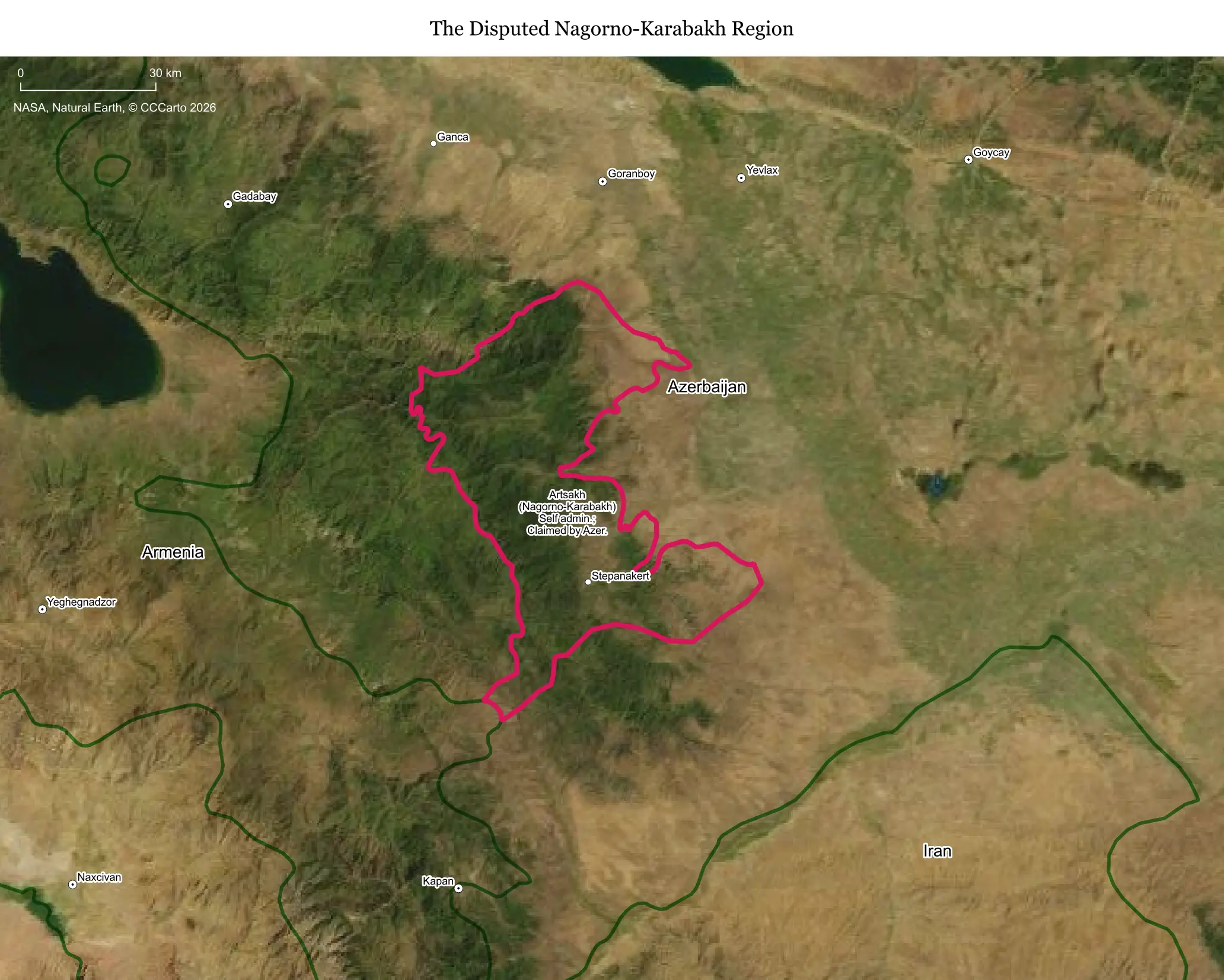 Map of the Nagorno-Karabakh region between Armenia and Azerbaijan