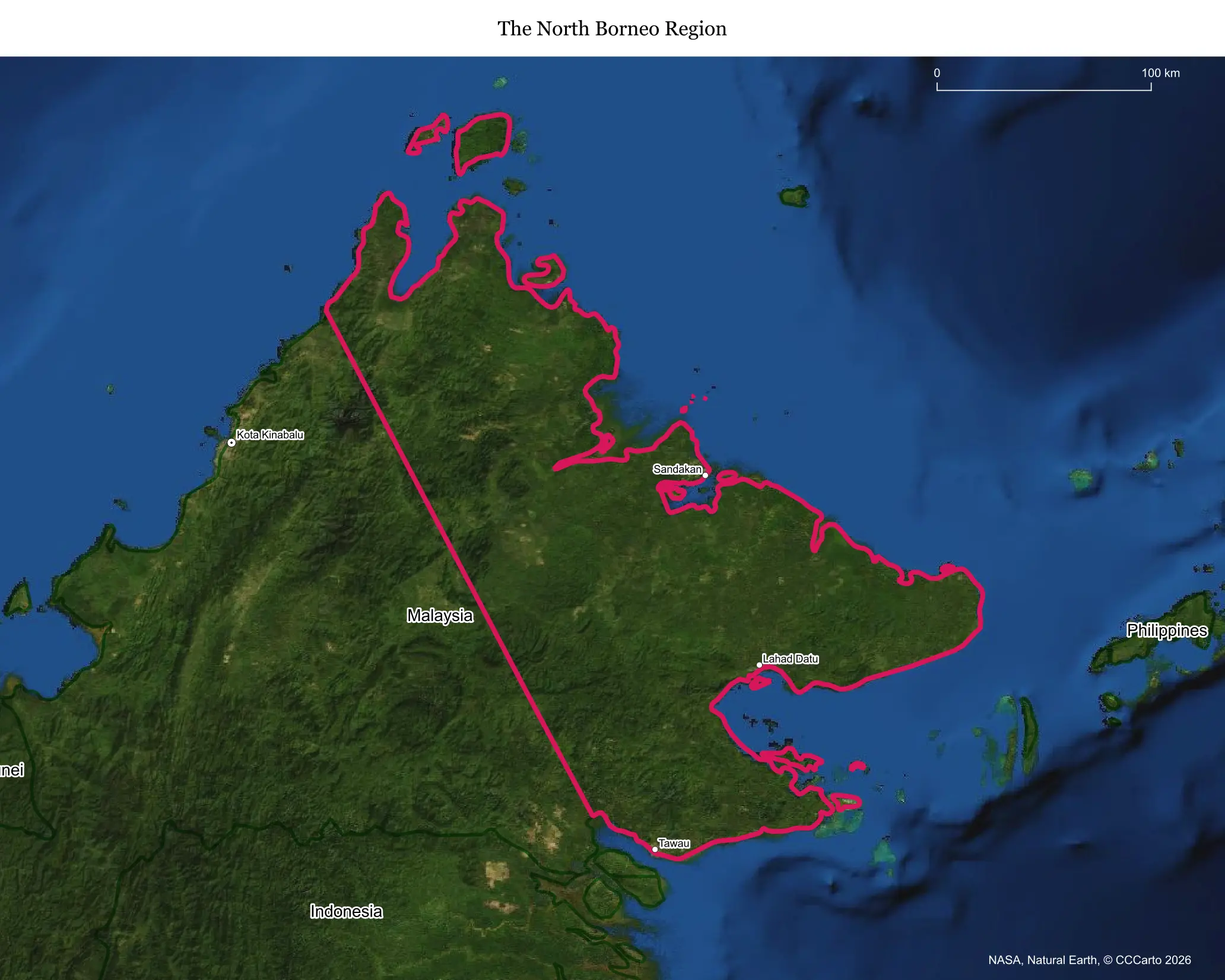 Map of North Borneo (Sabah), claimed historically by the Philippines and administered by Malaysia