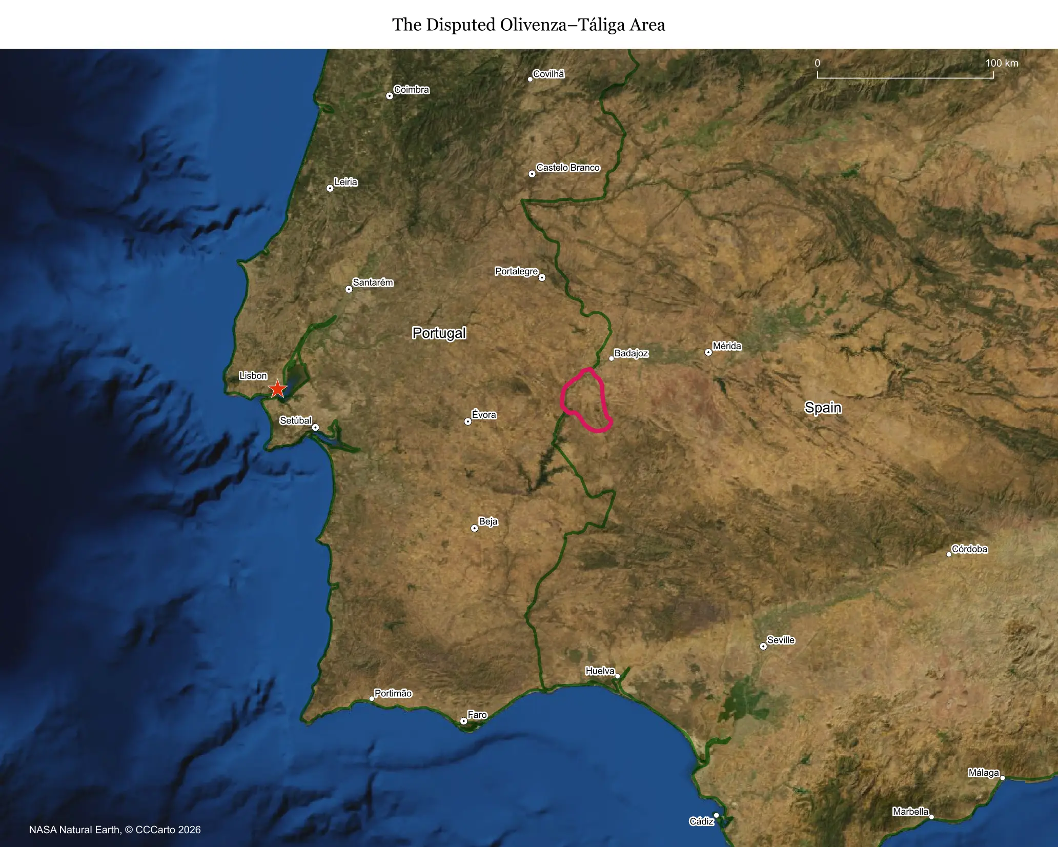 Map of Olivenza and Táliga on the Spain-Portugal border