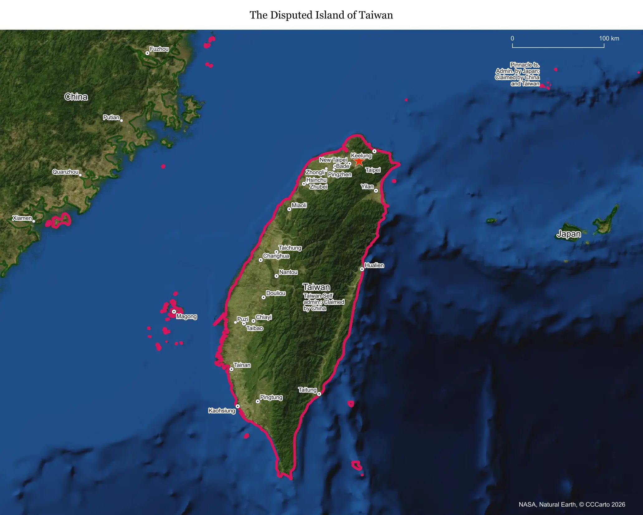 Map of Taiwan and the Taiwan Strait separating it from mainland China