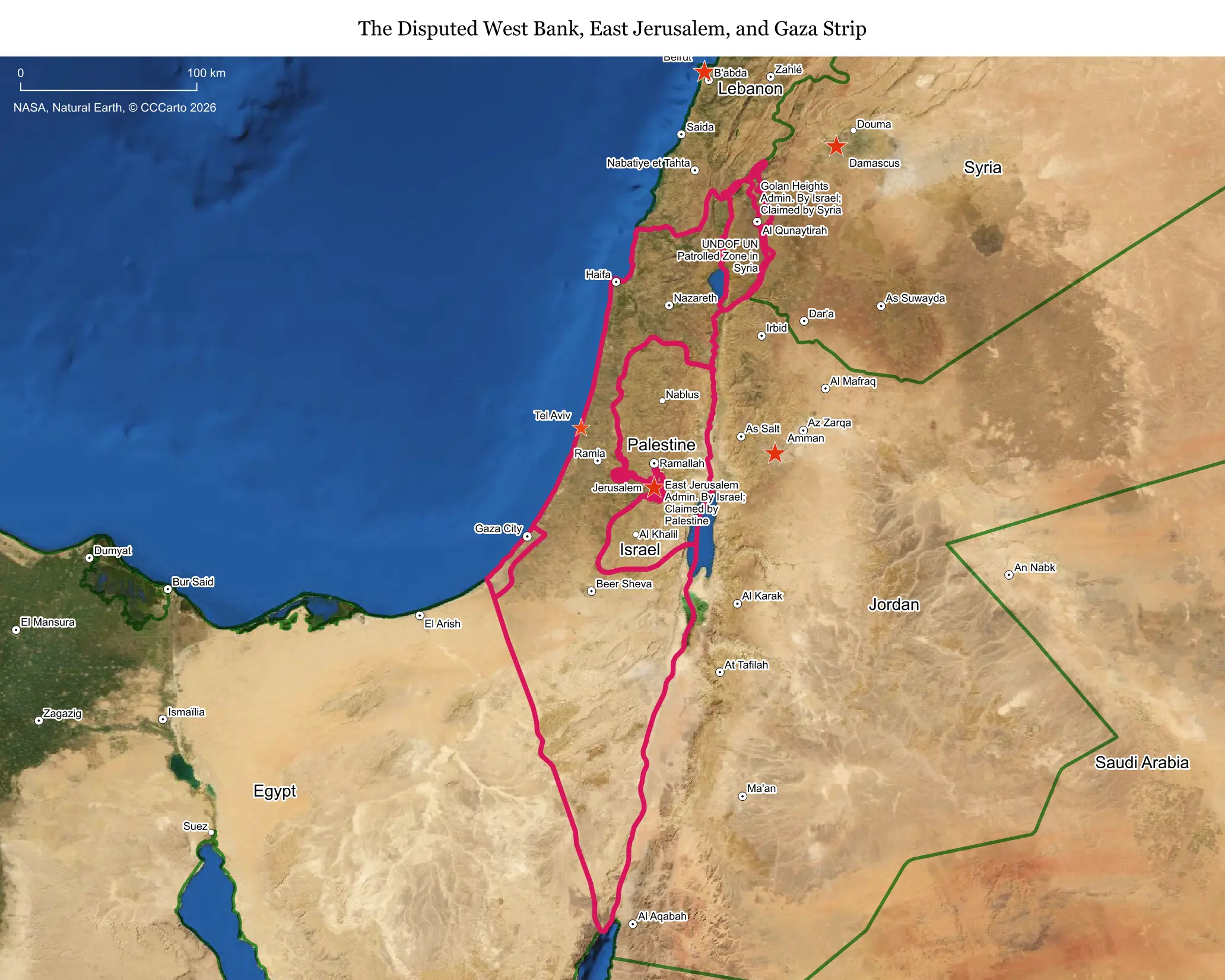 Map of the West Bank, occupied by Israel since 1967 and home to Palestinian population centers and Israeli settlements