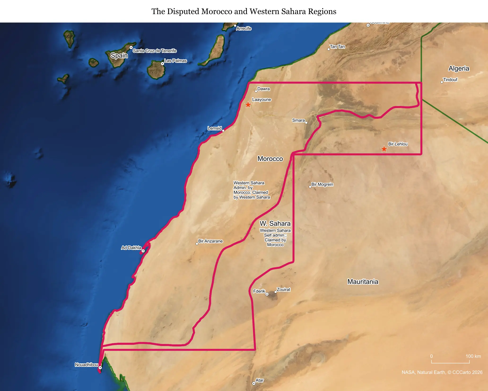 Map of Western Sahara, disputed between Morocco and the Polisario Front