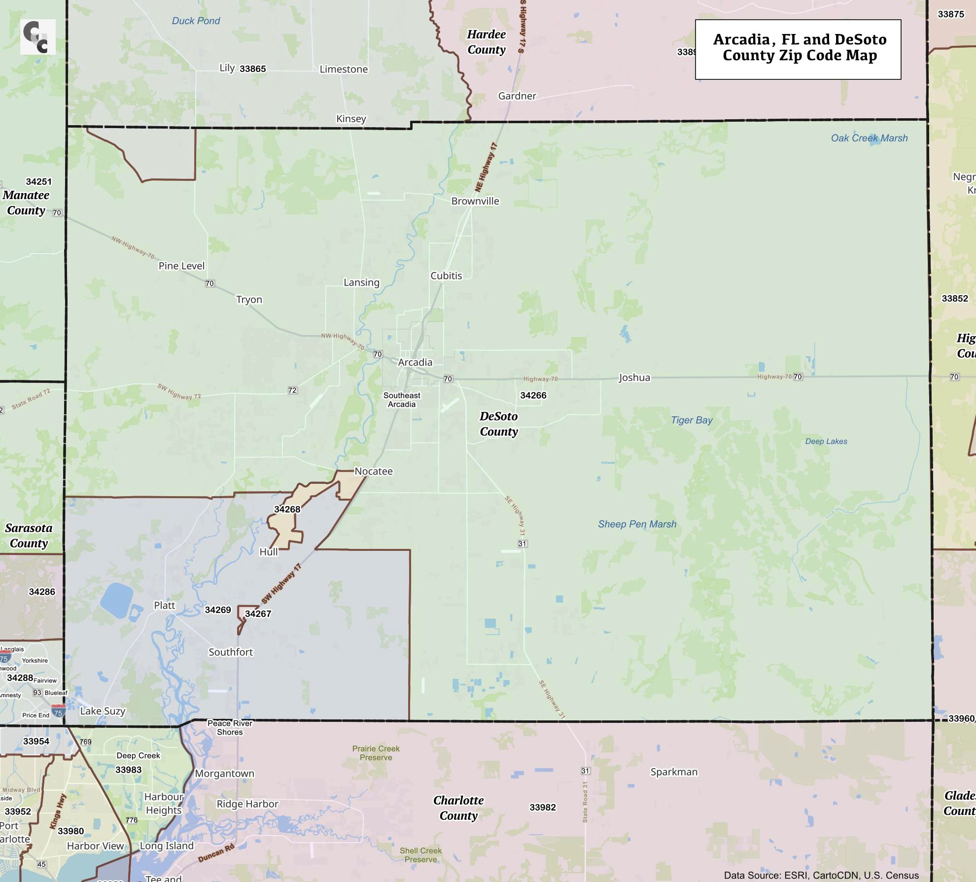 DeSoto County FL Zip Code Map