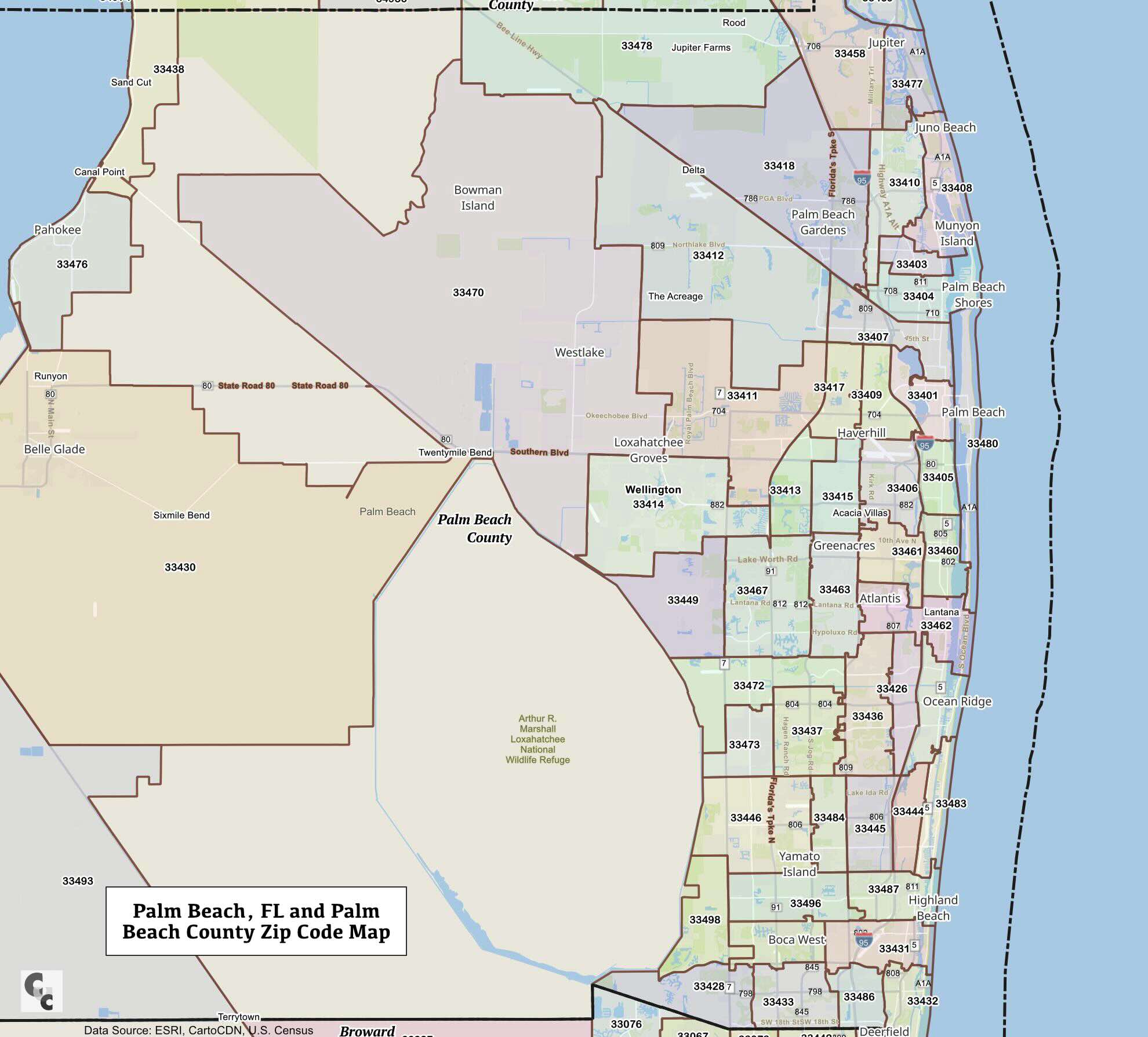 West Palm Beach and Palm Beach County Zip Code Map
