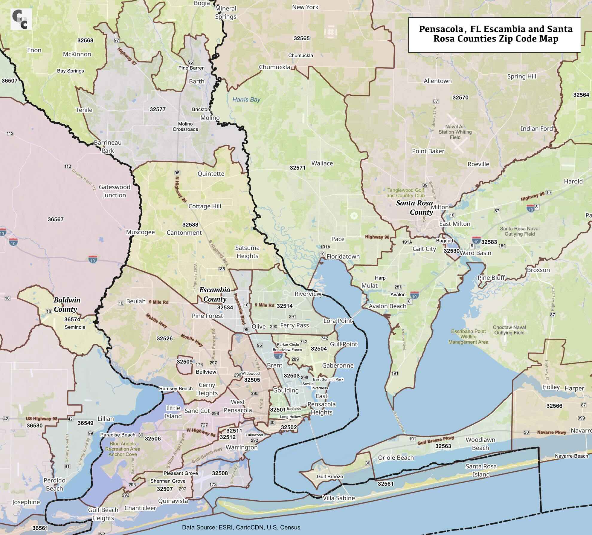Escambia and Santa Rosa Counties Zip Code Map