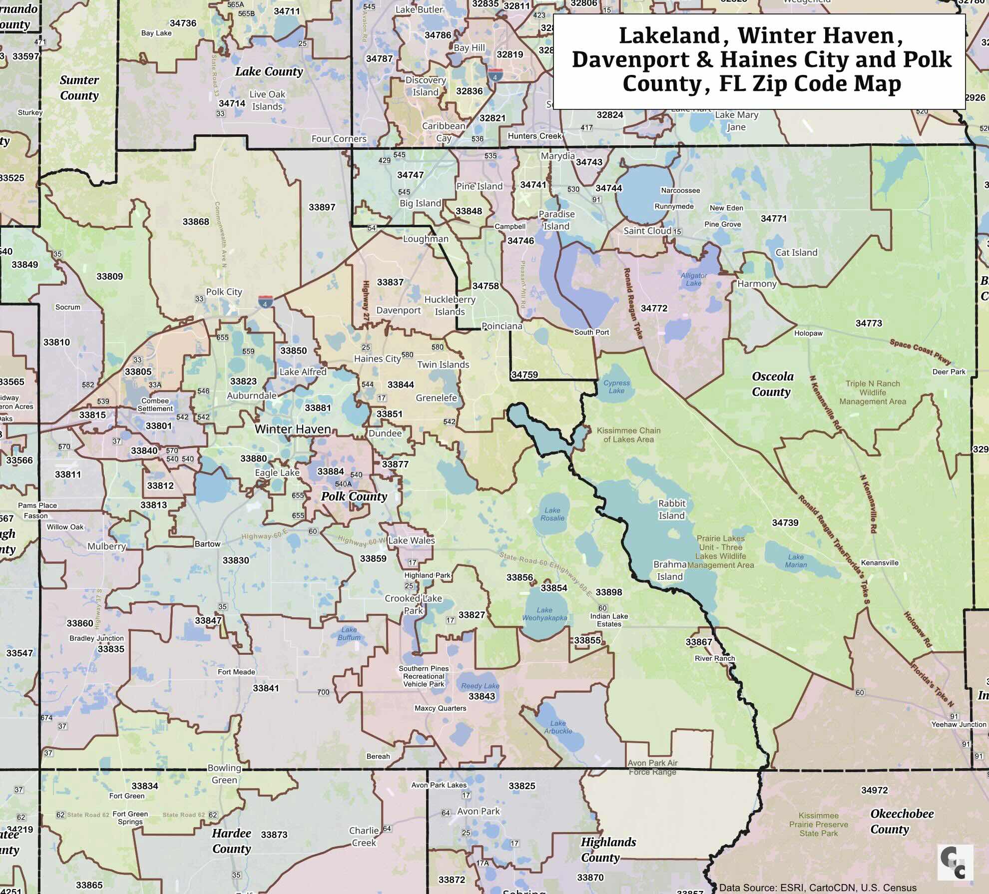 mappy＊ Polk County, FL Zip Map | Lakeland, Winter Haven, Bartow, Lake Wales